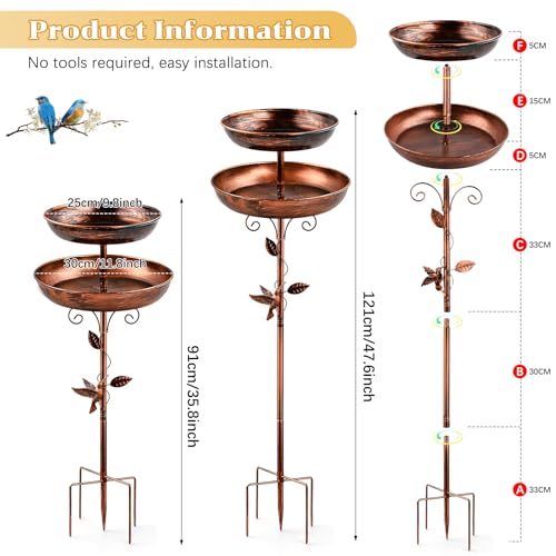 Metal Bird Bath for Outside, 47'' Adjustable Standing Bird Feeder for Outdoors, 2 in 1 Metal Birdbaths & Birdfeeder, Vintage Bird Bath Feeder Bowl, Bird Baths Water Bowl with Stable 5-Pronged Base
