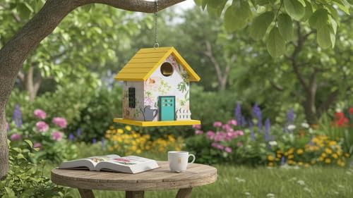 CEDAR ALPHA Spring Melody Bluebird House, Composite Material Nesting Box, Hanging Birdhouse for Blue Bird,Sparrow, Chickadee, Birdhouse for Outside, 5 Years Weatherable Bird Box on Post for Pole (A) - color: Yellow