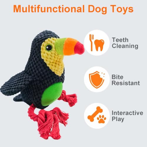 Black Toucan Bird Dog Chew Toy, 10.6 in, Squeaker Rope Treat Toy | Pineapple Fleece, PP Cotton Filled, Nylon Reinforced Rope, Crinkle Paper, Bite Resistant, Interactive Play, Small Medium Dogs - color: Black Toucan