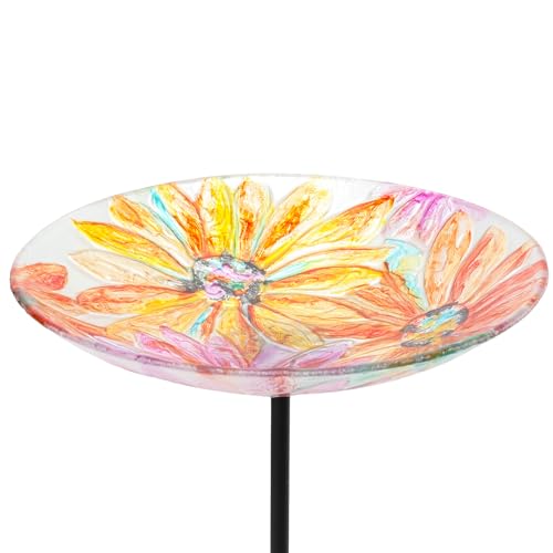Glass Bird Baths for Outdoors, Bird Feeders Bowl for Garden Decor | 25 Inch Height Glass Bird Bath for Outside, Daisy Birdbaths Bowl with Metal Stake, Bird Feeders for Garden, Patio, Lawn Decor - color: daisy