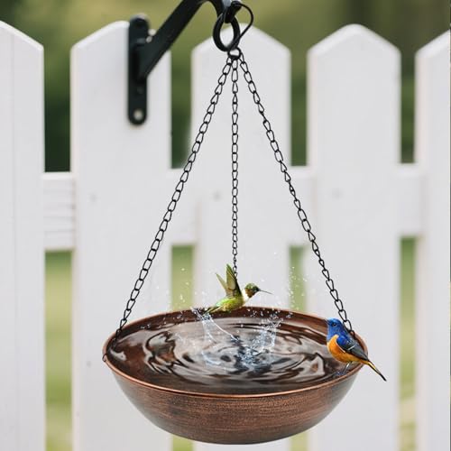 13" Metal Hanging Bird Bath with Chains and Hook | 3" Deep Bowl, 1.4Gal Capacity, 3 Chain Support, Easy Cleaning, Rust Resistant, Birdbath or Bird Feeder Garden Decor