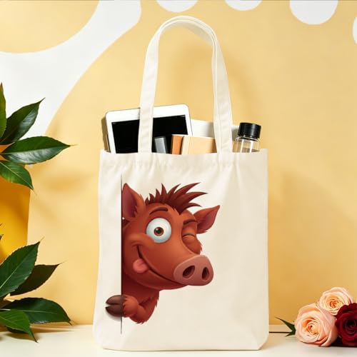 Cartoon Canvas Tote Bag, Gifts for Women Men Birthday Christmas Reusable Tote Shoulder Bag for Grocery Shopping 01 - color: Pig 475