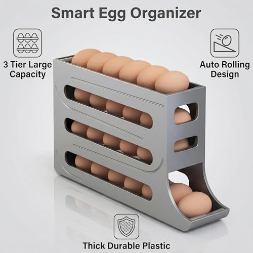 28 Egg Holder for Fridge, 4-Tier Auto Rolling Egg Organizer for Refrigerator, Gravity Slide Dispenser Rack, Space-Saving Storage (Grey) - color: Grey