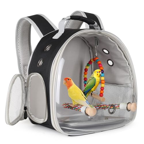 Portable Parrot Travel Cage Carrier with Small Swing Toy&Cage Colorful Toys Set Small Bird Parakeet Bag with Standing Perch Bird Carry Transport Bag (Black, Backpack/Swing)