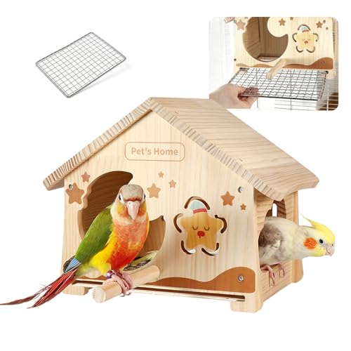 Wooden Bird House with Removable Wood Tray & Stainless Steel Mesh Bottom, DIY Paintable Birdhouse for Lovebirds Budgies Cockatiels Conures, Cozy Bird Nest Indoor Outdoor Use (Wood Tray + Steel Mesh)