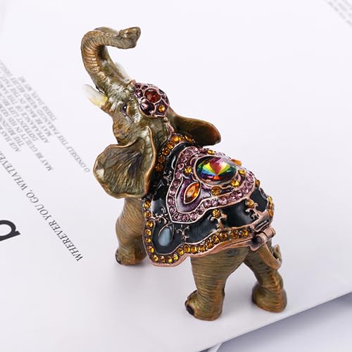 Hand Painted Enameled Lucky Elephant Trinket Box, Hinged Unique Mini Ring Necklace Jewelry Organizer, Classical Bejeweled Storage, Figurine Collectible Keepsake Home Decor (Elephant-1) - color: Elephant-1