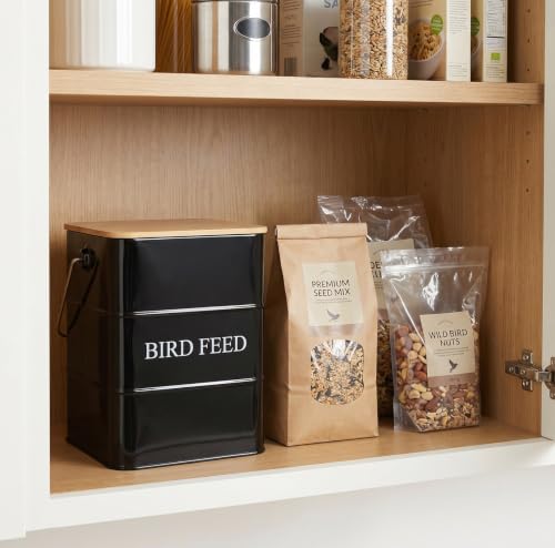 Metal Bird Seeds storage container,Outdoor Bird Container Canister, Pet Food Bin with Wooden Lid/Handle/Food scoop,hold 5-6 Lbs of Wild Bird Seed Sunflower Seed-Preventing Squirrels-Black - color: Black