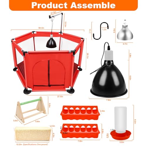 Chicks Brooder Box for Chicken Starter Kit- Includes Timing Heat Lamp Set, Detachable Chicken Brooder, Up to 15 Chicks, Sawdust, Chick Feeder and Waterer Set, Chick Perch 6-in-1 Chicken Coop Set.(Red)