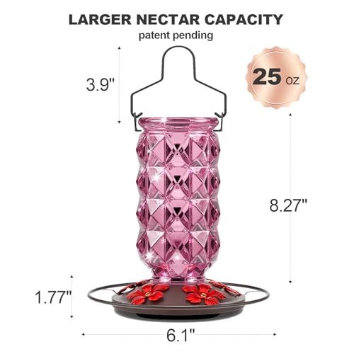2 Pack Glass Hummingbird Feeders for Outdoors, 25 Ounces Wild Bird Nectar Feeder with Perch & 5 Flower Feeding Ports Leak Proof Hanging for Garden Backyard Decor, Gifts for Women Mom, Red & Pink - color: 2 Pack Diamond Sparkling Red & Pink