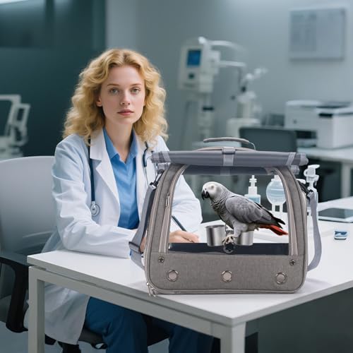 Bird Carrier Parrot Travel Cage with Perch, Food Bowl, Tray and Breathable Clear Window, Bird Travel Bag for African Gray Cockatiel Caique Conure Quaker, for Vetting Camping Hiking (Gray) - color: Gray