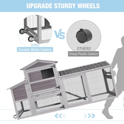 Large Chicken Coop with Run, 80.5’’ Chicken Tractor with Wheels, Wooden Hen House Poultry Cage with Plastic Waterproof Roof and Nesting Box, Leakproof Pull-Out Tray - color: Grey, size: 80.5"L x 21.2"W x 42.5"H