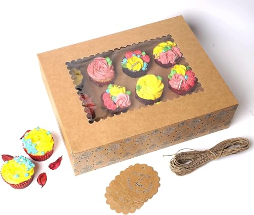 20-Pack Cupcake Boxes Bulk, Cupcake Holder with Lid, Disposable Cupcake Containers,Food Grade Kraft Bakery Boxes with Window to Fit 12 Cupcakes, Cookies,Muffins,Pastry, Long Treats
