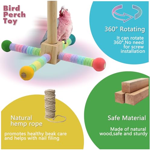 Upgraded Parrot Perch Toy,Rotating Bird Perch Stand with Chew Ball Toy for Small&Medium Birds,Bird Cage Accessories for Parakeets Cockatiels Lovebirds Conures Finches Budgies (Rainbow Colors)