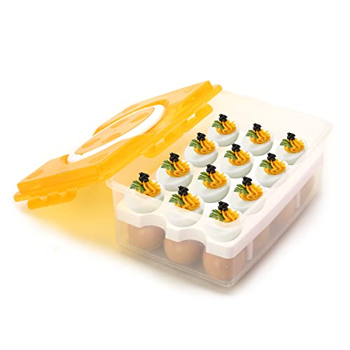 2 Tiers Egg Container Deviled Egg Carrier Eggs Holder with Handle Fridge Freezer Storage by DELIFUR (Orange) - color: Orange