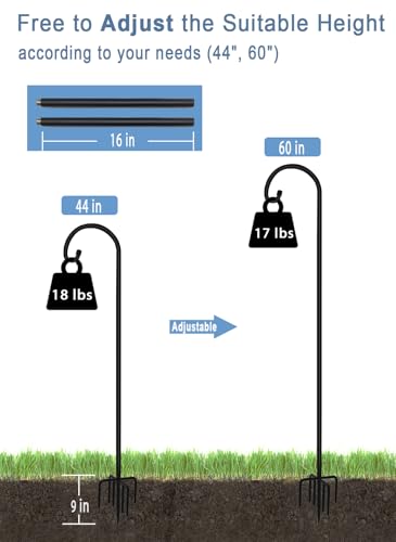 60 inch Outdoor Shepherd Hook with Upgraded 7 Prong Base (1 Pack), Adjustable Heavy Duty Garden Hanging Stake for Bird Feeder Solar Light Plant Hanger Wedding Decor, Matte Black - size: 60IN-1PACK