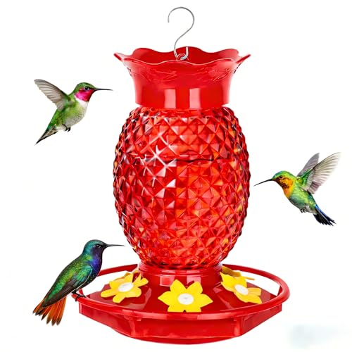 Fchstaer Glass Hummingbird Feeders for Outdoors Hanging 16oz 1 Pack Red Pineapple Bee & Ant Proof 360°Perch Leakproof Easy Clean with 6 Feeding Ports Gifts for Mom - color: Red-1PC