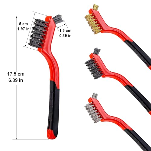 YiwerDer 3Pcs Mini Wire Brush Set, Stainless Steel/Brass/Nylon Bristles Wire Brushes, Curved Handle Soft Grip for Rust, Dirt & Paint Scrubbing with Deep Cleaning – 7 Inches (Red) - style: 3Pcs Red Mixed Brushed