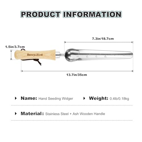 Berry&Bird Seeding Widger,Stainless Steel Seed Dibber Tool with Measuring Scale,Wooden Handle Garden Bulb Trowel for Seed Planting Tool Hand Shovel Planter Transplanter Dibber Soil Digginng | Narrow widger with measuring; ergonomic wood handle & handing l