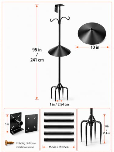 95 Inch Squirrel Proof Bird Feeder Pole, Heavy Duty 1-Inch Diameter Bird House Pole with Squirrel Baffle,2 Shepherd Hooks & Dual Mounting Plates for Smart Bird Feeders, Birdhouses and Weather Stations - size: 95Inch -With baffle-1
