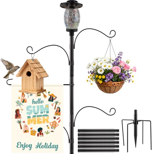 Camii Solar Shepherds Hooks for Outdoors, 80" Bird Feeder Pole with Light, Flag Holder, 5 Prongs Base, Garden Flag Holder for Hook Bird Feeder, Plant Baskets, Lantern