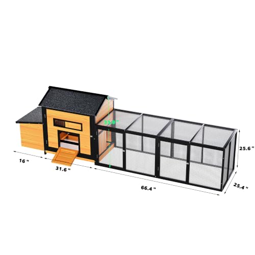 YOPTO Wooden Chicken Coop, 114 in, Outdoor Run, Black/Gold | Solid wood, Weatherproof roof, Outdoor run, Nesting box, Pull-out tray, 6 access doors, Ramp - size: 114.0"L x 25.4"W x 33.9"H