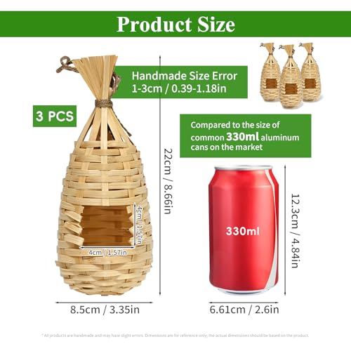 GUTE Bamboo Hanging Bird Nest 3Pcs Hand Woven Outdoor Wrens Finches | Handwoven Bamboo,Natural Golden Tan Color,Lightweight with Hanging Loop,Rustic Garden Decor,Ages Outdoors,Natural Fiber