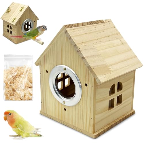 PINVNBY Parakeet Nesting Box Wooden Bird House for Cage Parrot Breeding Mating Box for Lovebirds Cockatiel Finch Cockatoo Canary and Small and Medium-Sized Birds (M: 7.91 * 6.3 * 5.82 inch) - size: Wood House Shape,M: 7.91*6.3*5.82 inch
