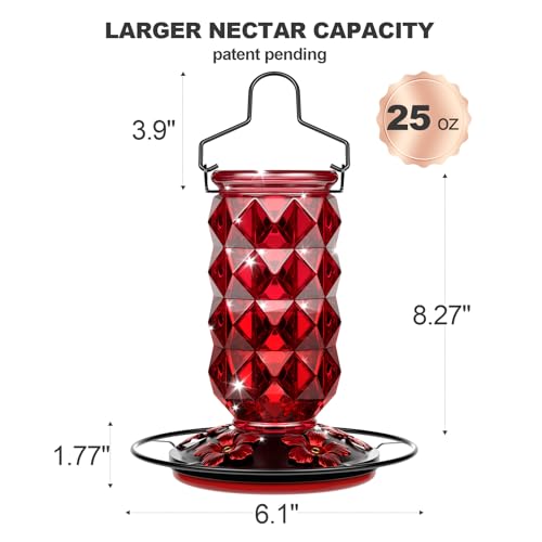 2 Pack Glass Hummingbird Feeders for Outdoors, 25 Ounces Wild Bird Nectar Feeder with Perch & 5 Flower Feeding Ports Leak Proof Hanging for Garden Backyard Decor, Gifts for Women Mom, Red & Purple - color: 2 Pack Diamond Sparkling Red & Purple