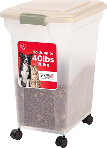IRIS USA Dog Food Storage Container, Up to 40 lbs, Almond, Made in USA | Wheels for Mobility, Airtight Seal, BPA-Free, Best for Bird Seed, Cat food, Cat Litter, Chicken Feed, Pellets - color: Almond, size: 40 lbs