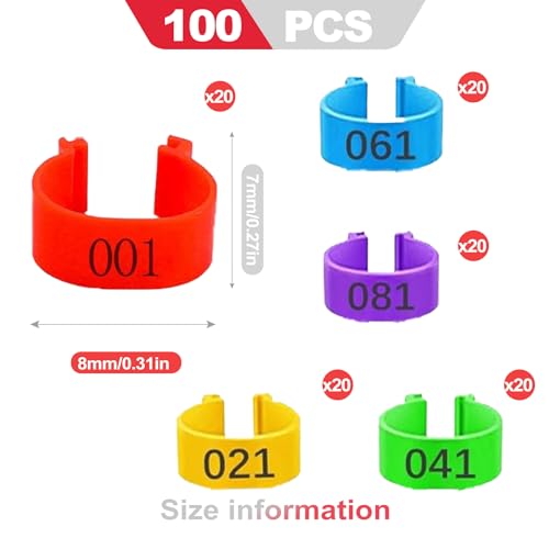 100 Pack 5 Colors Chicken Leg Bands, Clip-On Reusable Chicken Tags for Legs, Poultry Identification Chicken Bands Bird Ring for Chickens Ducks Geese Gamefowl Flock Management