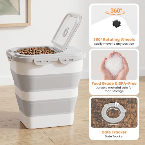 40 Lbs Dog Food Storage Container, Collapsible Cat Food Container | Airtight Pet Food Storage Containers with Wheels, Clear Window, 2 Measuring Cup, Scoop, BPA Free for Rice, Flour, Bird Seed - color: Grey/40lbs