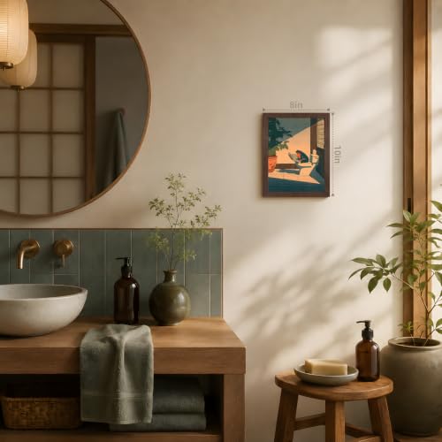 GELDSTEI Wood Framed Funny Frog Reading Vintage Bathroom Wall Art 8x10 in | Vintage Japanese Style Frog Reading On Toilet Art Print, Playful Farmhouse Wall Decor for Bathroom and Powder Room - color: Frog, size: 10"L x 8"W