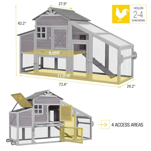 AIVITUVIN Chicken Coop with Nesting Box Mobile Chicken House on Wheels for 2-4 Chickens Rabbit Hutch Pull-Out Tray Wooden Poultry Cage - color: Grey
