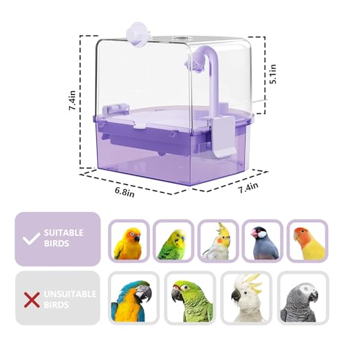 Automatic Bird Baths for Cage – Indoor Parakeet Bath with Pump, Bird Shower with 2 Modes Running Water, Bird Cage Accessory for Pet Birds Conure Budgies Cockatiels Lovebird (Purple) | Quiet auto pump with 4-layer filter & 4 refills Easy-clean clear tank o