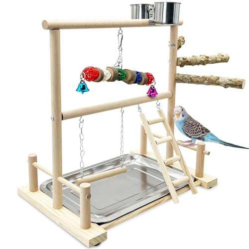 kathson Bird Playground Parrot Perch Stand Toys, Birds Wood Play Gym Activity Center Exercise Playpen Ladder Swing with Feeder Cups Chewing Toy(Include a Tray) - size: Two floors