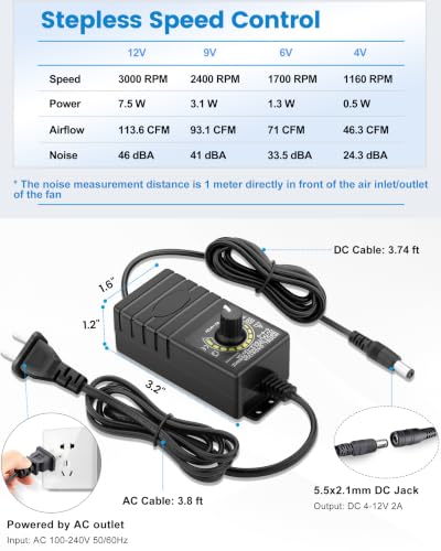 G‌DSTIME 120mm x 38mm Computer Fan with Speed Control, 115V 120V AC-Powered | Dual Ball Bearing, 3000 RPM High Speed, Axial 12V PC Fan with Variable Speed Controller for DIY Cooling Ventilation Projects - size: 1238 w/ Speed Controller
