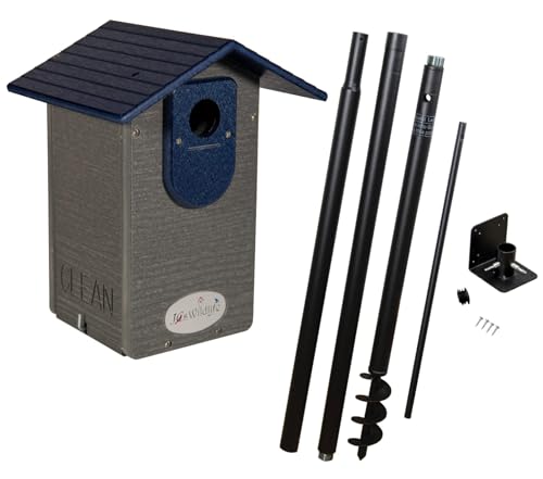 Ultimate Eastern and Western Bluebird House with Universal Mounting Pole Kit - Garden Birdhouse and Pole Combo (Blue and Gray)