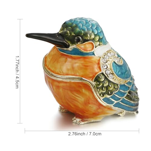 Hand Painted Enamel Kingfisher Trinket Box, Hinged Unique Mini Ring Necklace Jewelry Organizer, Classical Bejeweled Storage, Figurine Collectible Keepsake Home Decor (Kingfisher) - color: Kingfisher