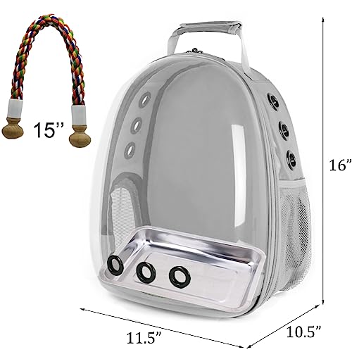 Bird Traval Carrier Cage, Clear Space Capsule Astronaut Backpack to Carry Parakeet Cockatiel Parrot with Metal Tray Wood Perch, Vet Transport School Bag - color: Grey