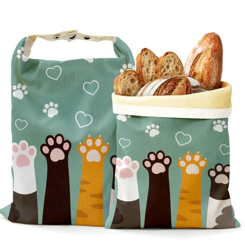 2 Pack Reusable Beeswax Funny Cat Feet Bread Bags, Sourdough Bread Heart Paws Storage for Homemade, Freezer Storage Bag to Keep Fresh, Baguette Bag with Beeswax Liner Kitchen Baking - color: Funny Cat Feet