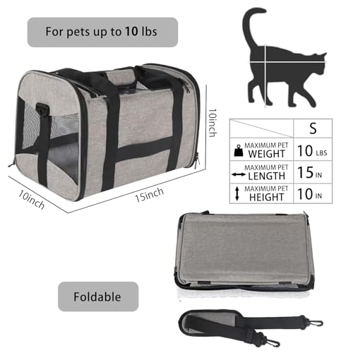 Small Animals Cat Carrying Case Pet Carrier Airline Approved, Protable and Breathable Pet Travel Carrier Removable Fleece Pad Collapsible Cat Carrier Dog Carrier Small Cats Dogs(15 * 10 * 10) - color: grey&black, size: 15.0"L x 10.0"W x 10.0"H