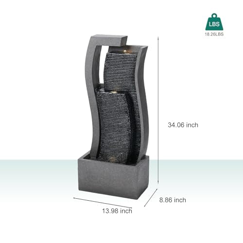 34" Outdoor Water Fountain - Durable Polyresin Modern Style Waterfall with LED Lights & Adjustable Pump, Serene Water Fountain Outdoor for Garden, Patio, Deck, and Backyard Decor (34.06") - size: 34.06"
