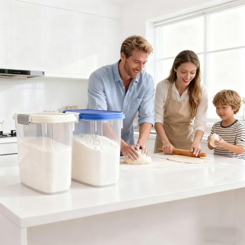 Large Rice Storage Container 15-20 Lbs, Tall Flour Container Dry Food Bin | Slim Food Container with Scoop, Cup for Cereal, Sugar, Beans, Pet Dog Cat Food, Kitchen and Pantry Storage Organization - color: Sapphire Blue