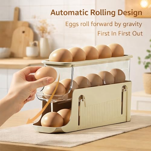 Egg Holder for Fridge, Rolling Egg Holder for Refrigerator, Automatic Egg Dispenser Organizer, Egg Storage Container Rack for Refrigerator Countertop, Space Saving Fridge Organizer （Creamy White） - color: Creamy White