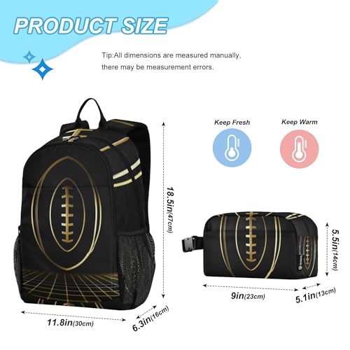American Football Gold Backpack with Lunch Bag, School Travel Backpack for Teens Boys Girls Backpacks Set - color: Black and Gold