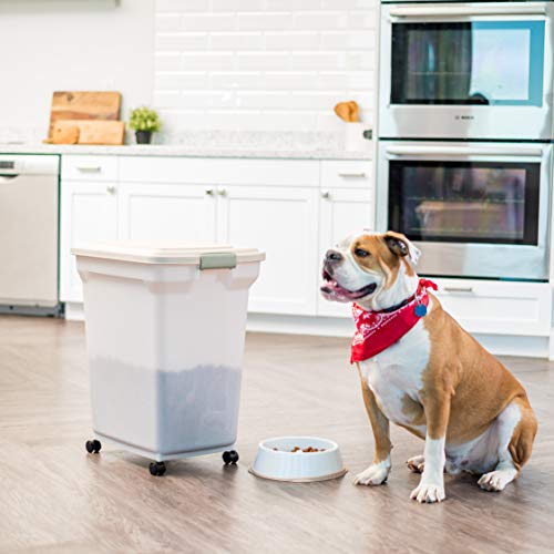 IRIS USA Dog Food Storage Container, Up to 58lbs, Almond/Pearl, Made in USA | Wheels for Mobility, Airtight Seal, BPA-Free, Best for Bird Seed, Cat food, Cat Litter, Chicken Feed, Pellets - color: Almond/Pearl, size: 58 lbs