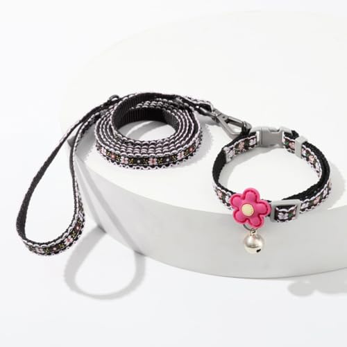 Black Dog Collar with Bell Leash Set, Nylon Basic Small Dog Collar Boy Floral Print for XXS XS S Dog Kitten Pet Animal Tiny - color: Black