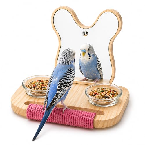 Bird Mirror with Perch and Feeder, Wooden Birds Toys Bird Cage Accessories for Parrots to Expend Energy, Interactive Toys for Greys Amazons Parakeet Cockatiel Conure Lovebirds Finch Canaries - size: 5.9 inch