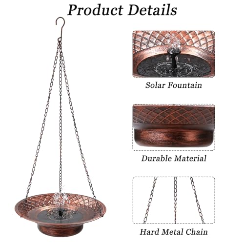 12.6" Hanging Solar Bird Bath, Birdbath Fountain Solar Power, Metal Bird Bath for Outside Hanging, Hanging Bird Fountain for Garden, Patio, Lawn Decor, Bronze - color: Bronze