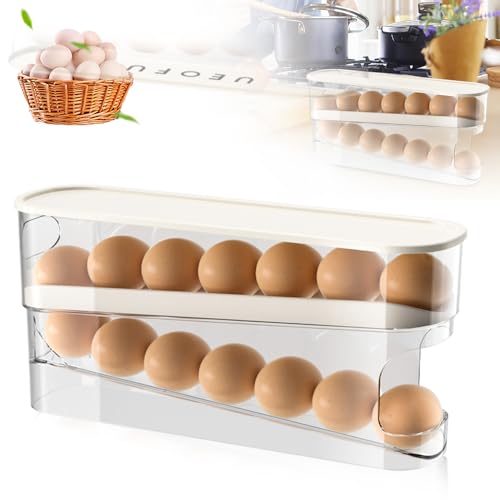 ROWPOZ 2026 New Egg Holder for Fridge, Egg Organizer for Refrigerator Automatic Scrolling Eggs Rack Holder Rolling Dispenser Stackable Container and Storage for Refrigerator with Lid